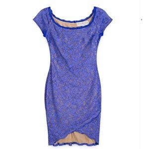 Bisou Bisou Michele Bohbot Blue Lace Sheath Dress Cap Sleeve Tulip Hem Size 8